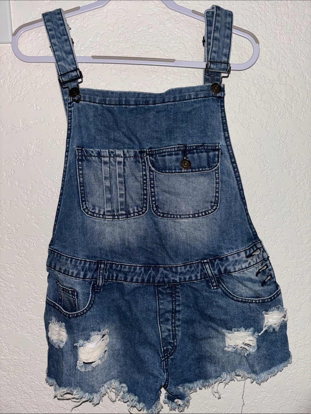 Machine Blue Distressed Denim Short Overalls